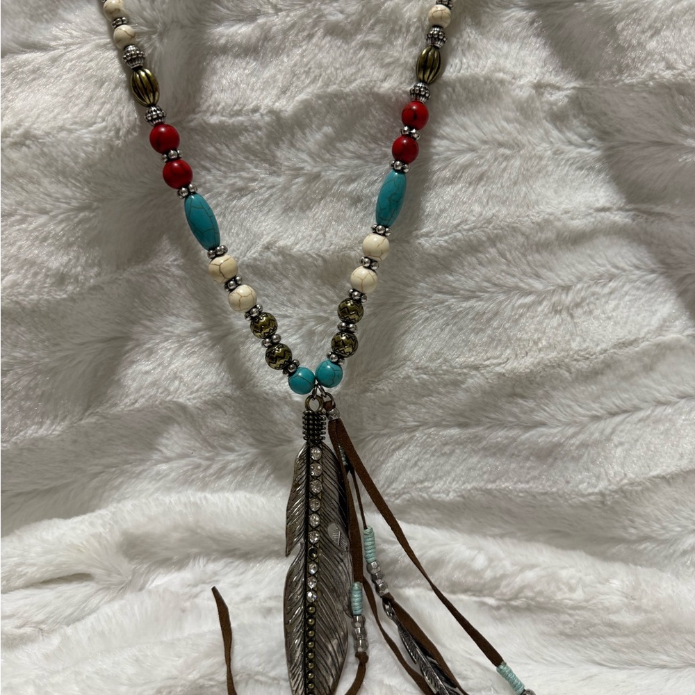 Artisan Feather Pendant Necklace - Red, Turquoise, Silver